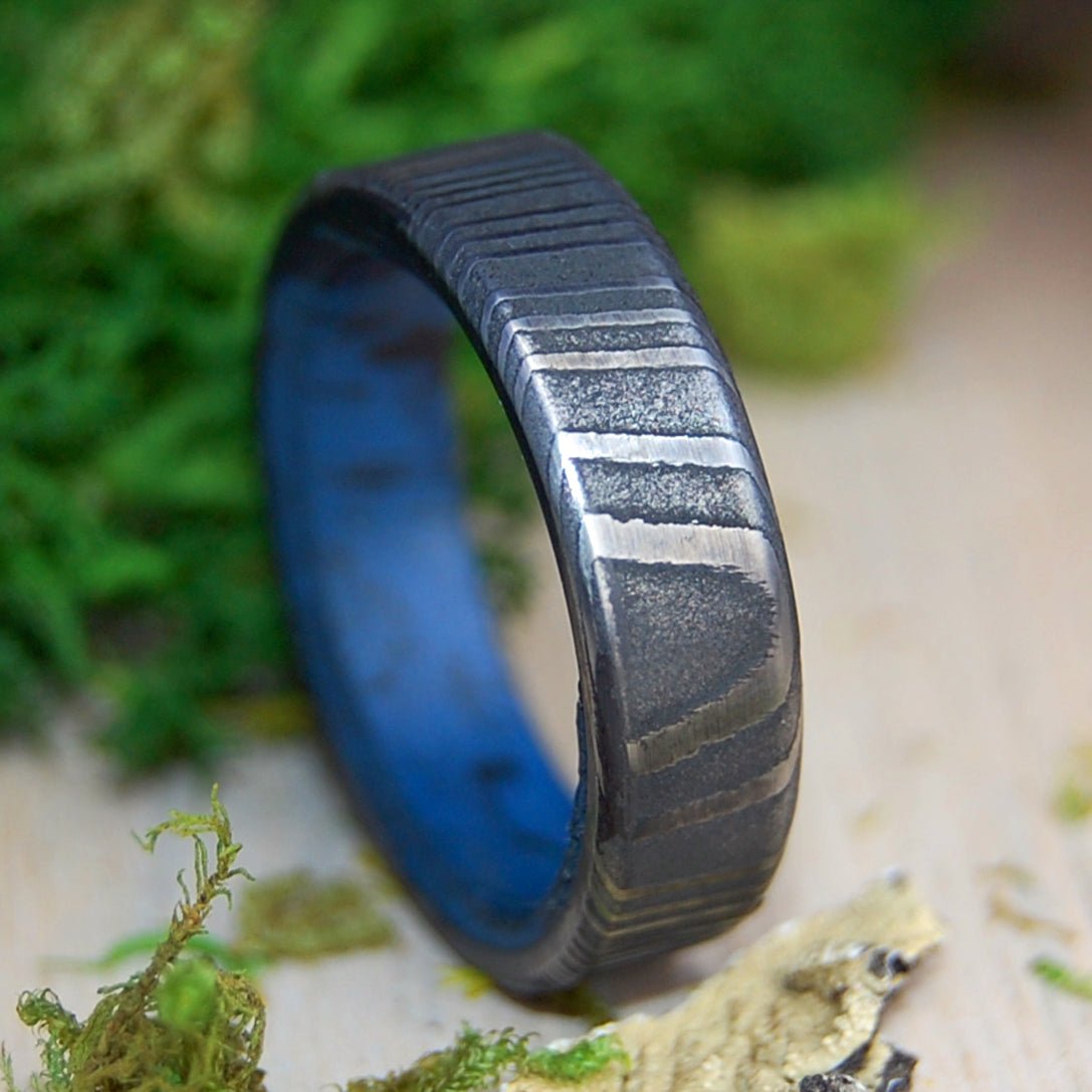Faithfully Narrow | Men's Damascus Steel, Damasteel & Blue Black M3 Wedding Ring - Minter and Richter Designs