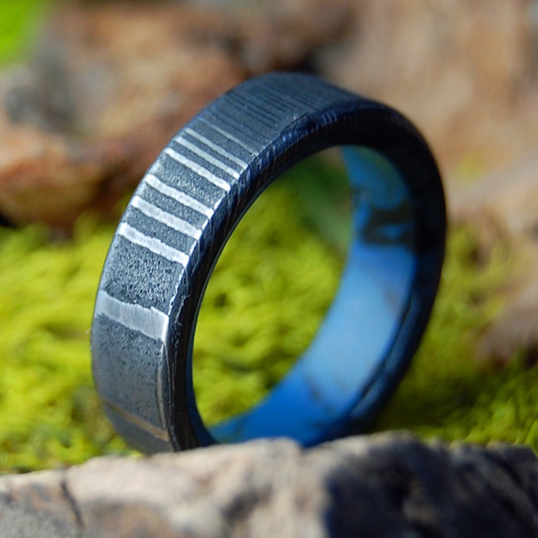 Faithfully Narrow | Men's Damascus Steel, Damasteel & Blue Black M3 Wedding Ring - Minter and Richter Designs