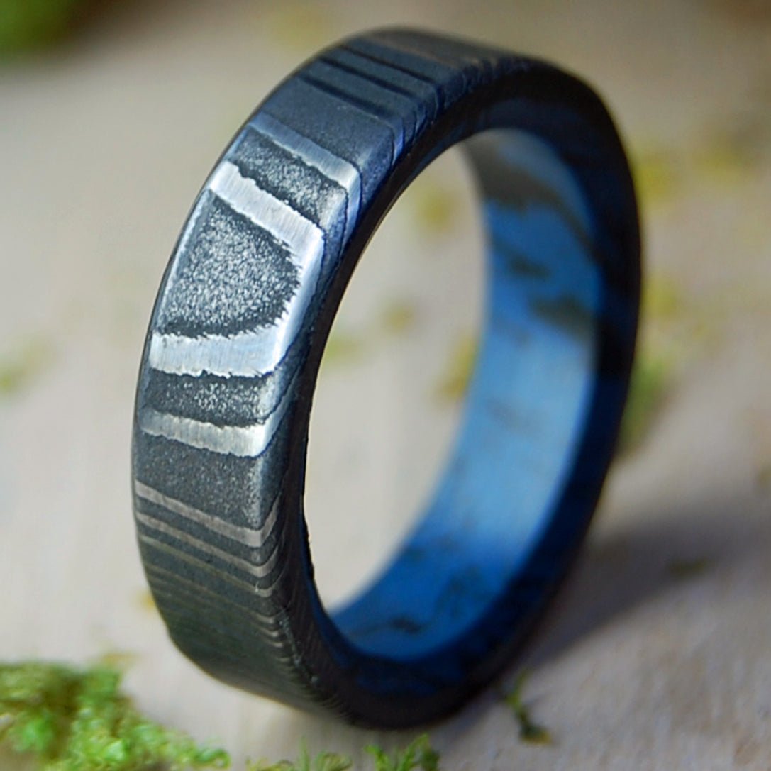 Faithfully Narrow | Men's Damascus Steel, Damasteel & Blue Black M3 Wedding Ring - Minter and Richter Designs