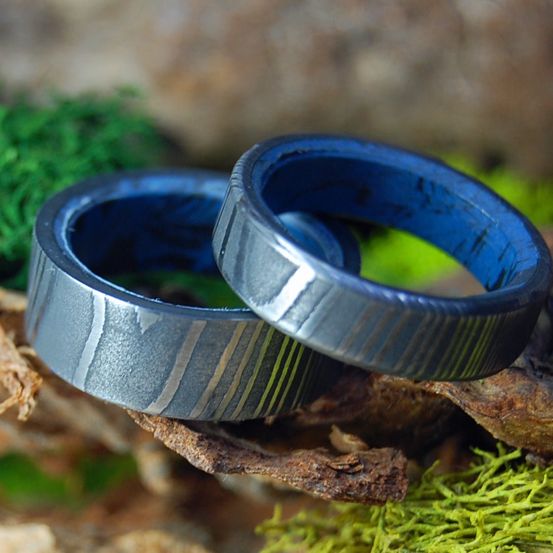 Faithfully Set | Men's Damascus Steel, Damasteel & Blue Black M3 Wedding Rings - Minter and Richter Designs