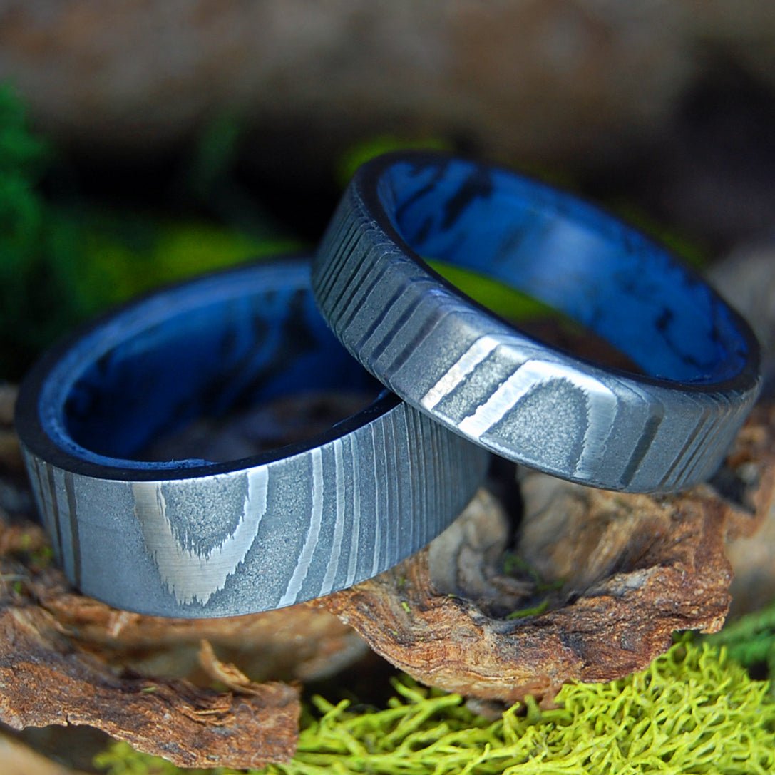 Faithfully Set | Men's Damascus Steel, Damasteel & Blue Black M3 Wedding Rings - Minter and Richter Designs