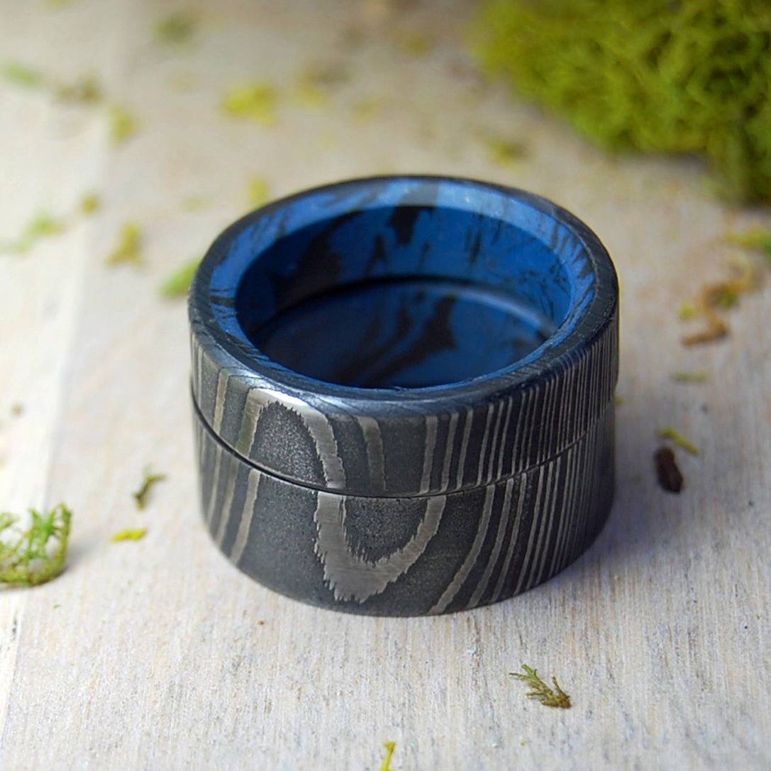 Faithfully Set | Men's Damascus Steel, Damasteel & Blue Black M3 Wedding Rings - Minter and Richter Designs