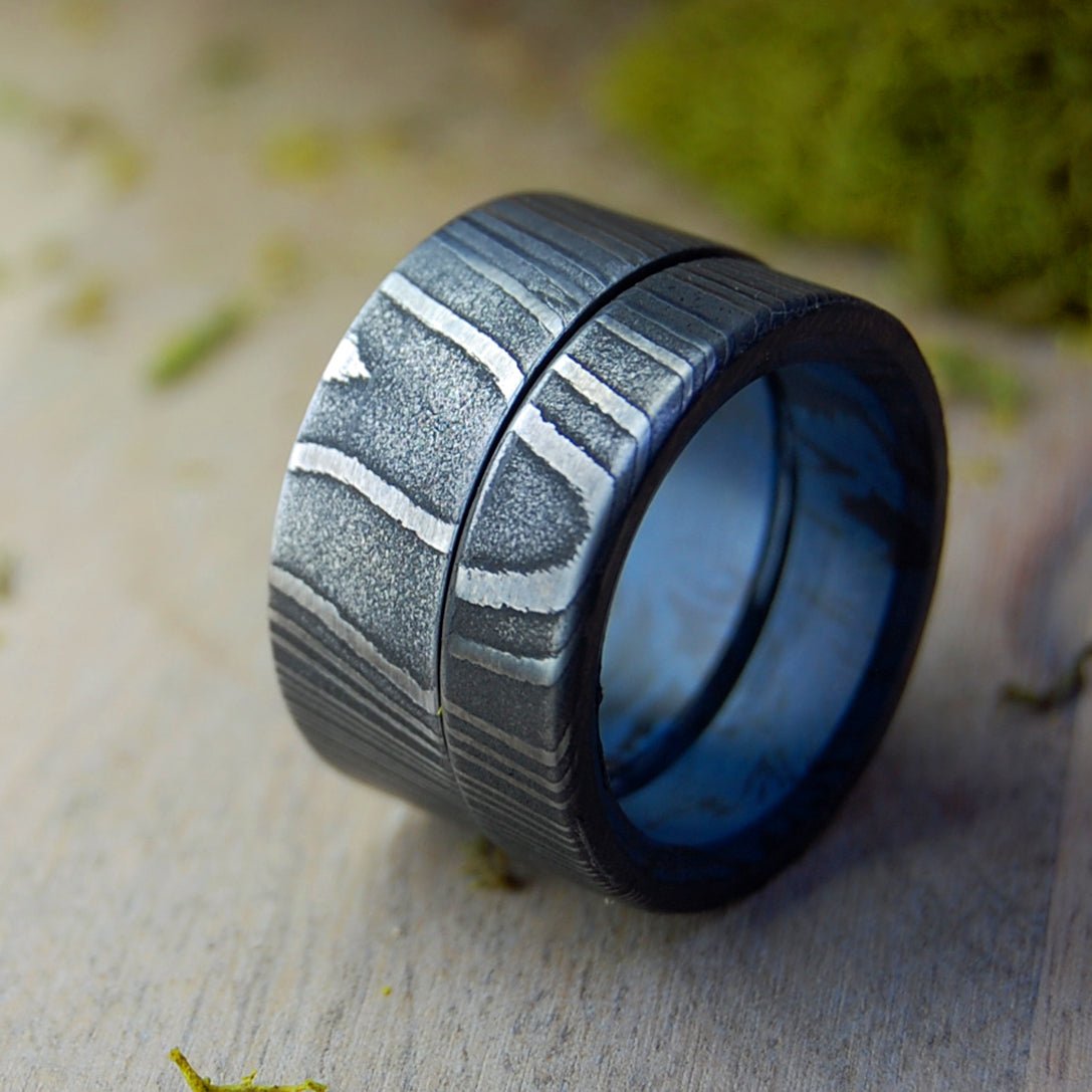 Faithfully Set | Men's Damascus Steel, Damasteel & Blue Black M3 Wedding Rings - Minter and Richter Designs
