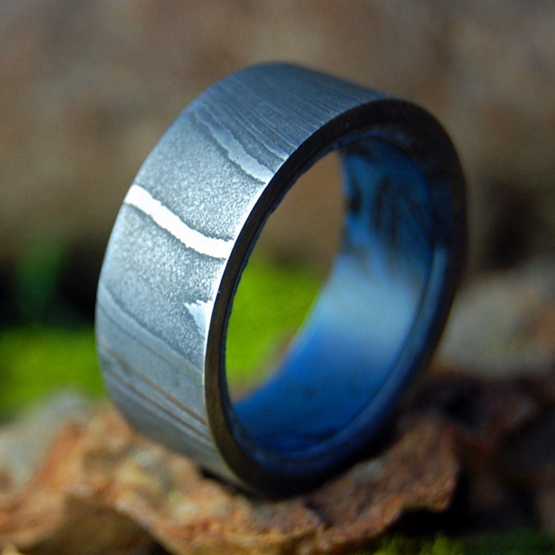 Faithfully Wide | Men's Damascus Steel, Damasteel & Blue Black M3 Wedding Ring - Minter and Richter Designs