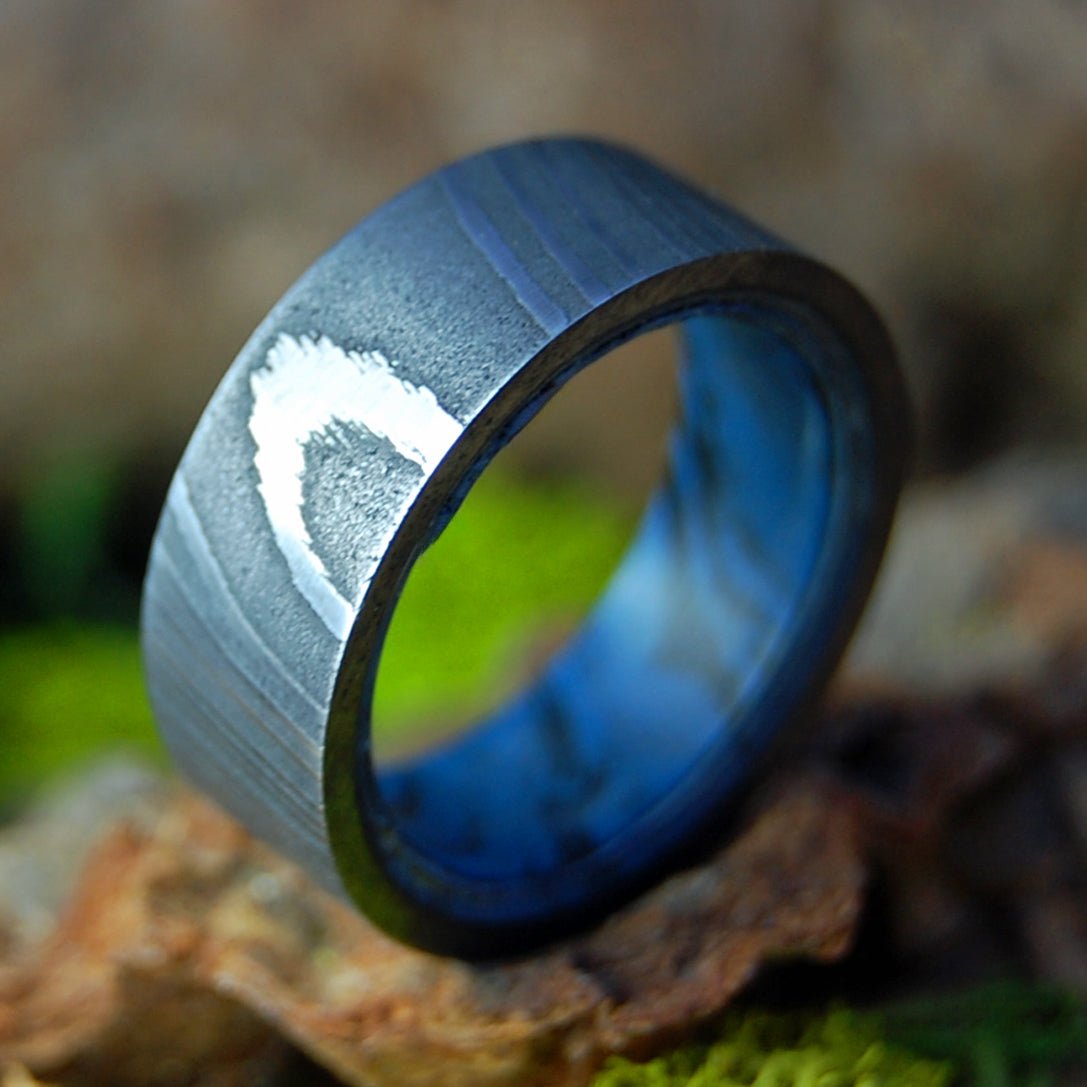 Faithfully Wide | Men's Damascus Steel, Damasteel & Blue Black M3 Wedding Ring - Minter and Richter Designs