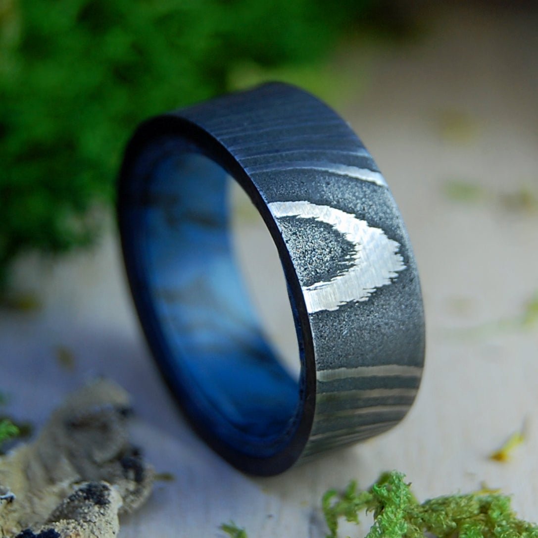 Faithfully Wide | Men's Damascus Steel, Damasteel & Blue Black M3 Wedding Ring - Minter and Richter Designs