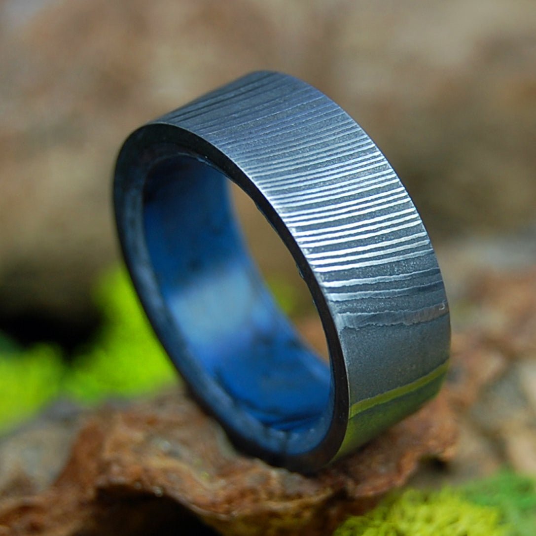 Faithfully Wide | Men's Damascus Steel, Damasteel & Blue Black M3 Wedding Ring - Minter and Richter Designs