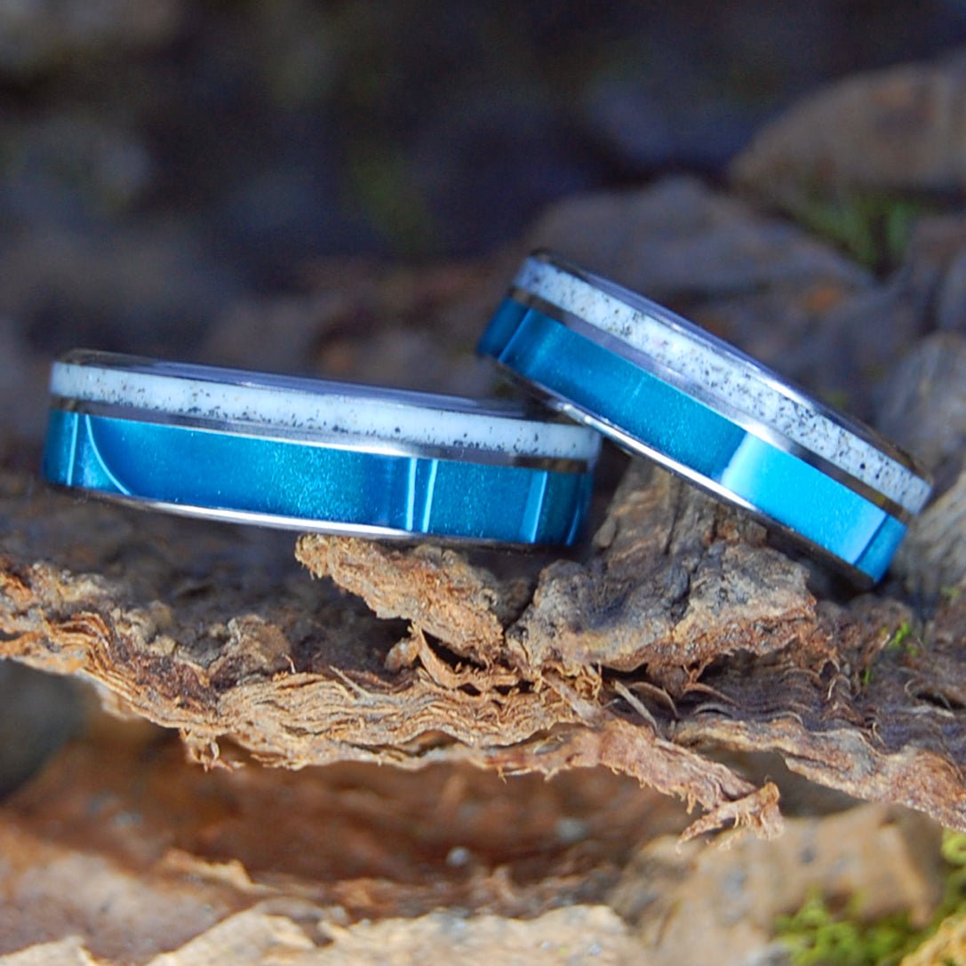 FANTASTIC NANTASKET SET | Aquatic Blue Resin & Nantasket MA Beach Sand - His & Hers Wedding Band Set - Beach Sand Wedding Rings - Minter and Richter Designs