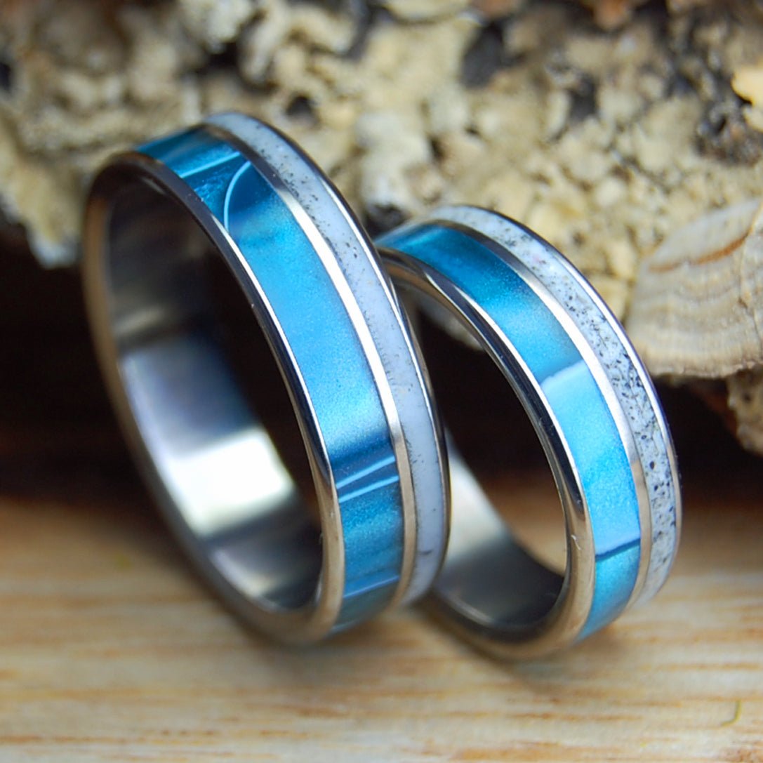 FANTASTIC NANTASKET SET | Aquatic Blue Resin & Nantasket MA Beach Sand - His & Hers Wedding Band Set - Beach Sand Wedding Rings - Minter and Richter Designs