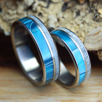 FANTASTIC NANTASKET SET | Aquatic Blue Resin & Nantasket MA Beach Sand - His & Hers Wedding Band Set - Beach Sand Wedding Rings - Minter and Richter Designs
