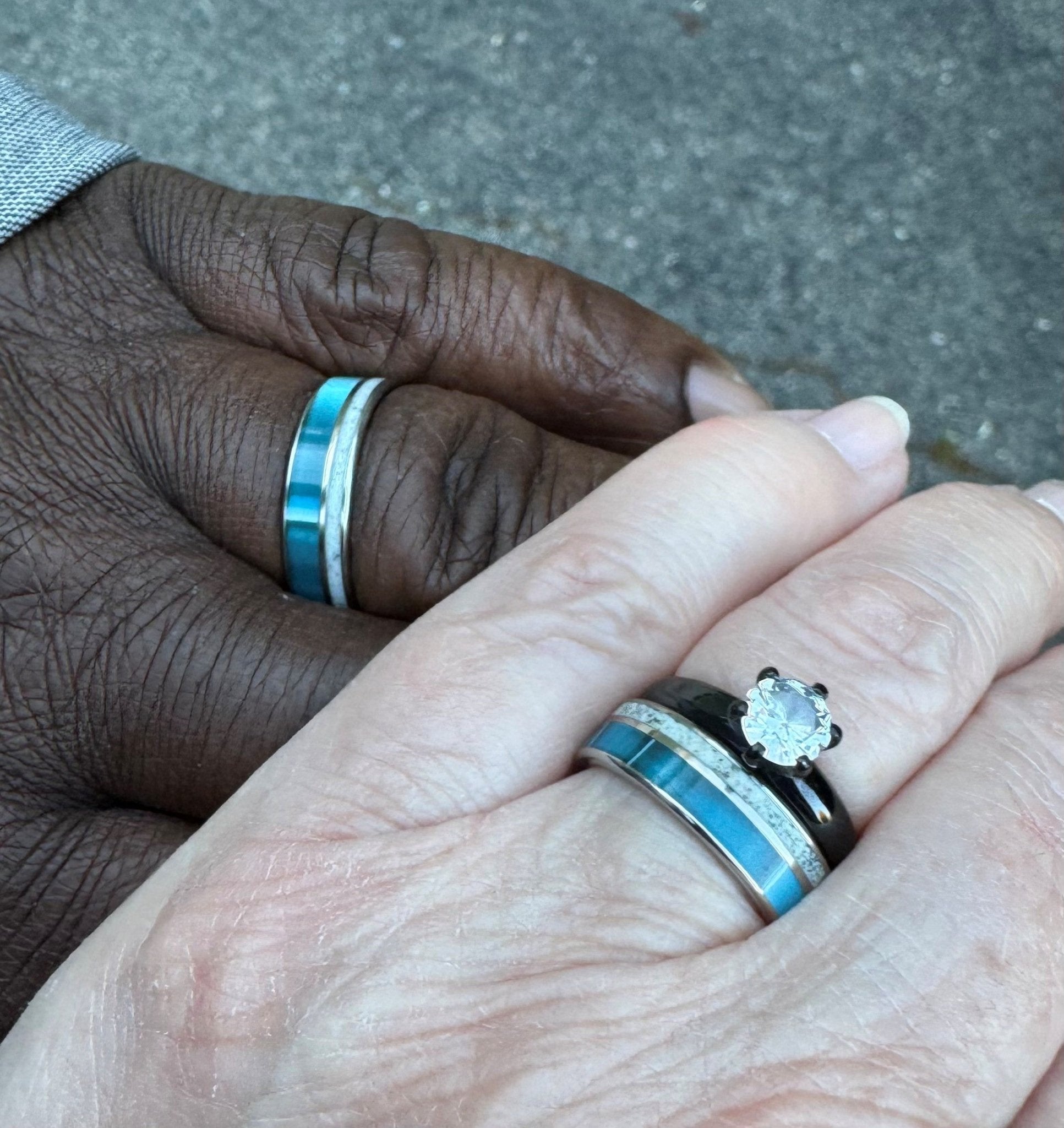 FANTASTIC NANTASKET SET | Aquatic Blue Resin & Nantasket MA Beach Sand - His & Hers Wedding Band Set - Beach Sand Wedding Rings - Minter and Richter Designs