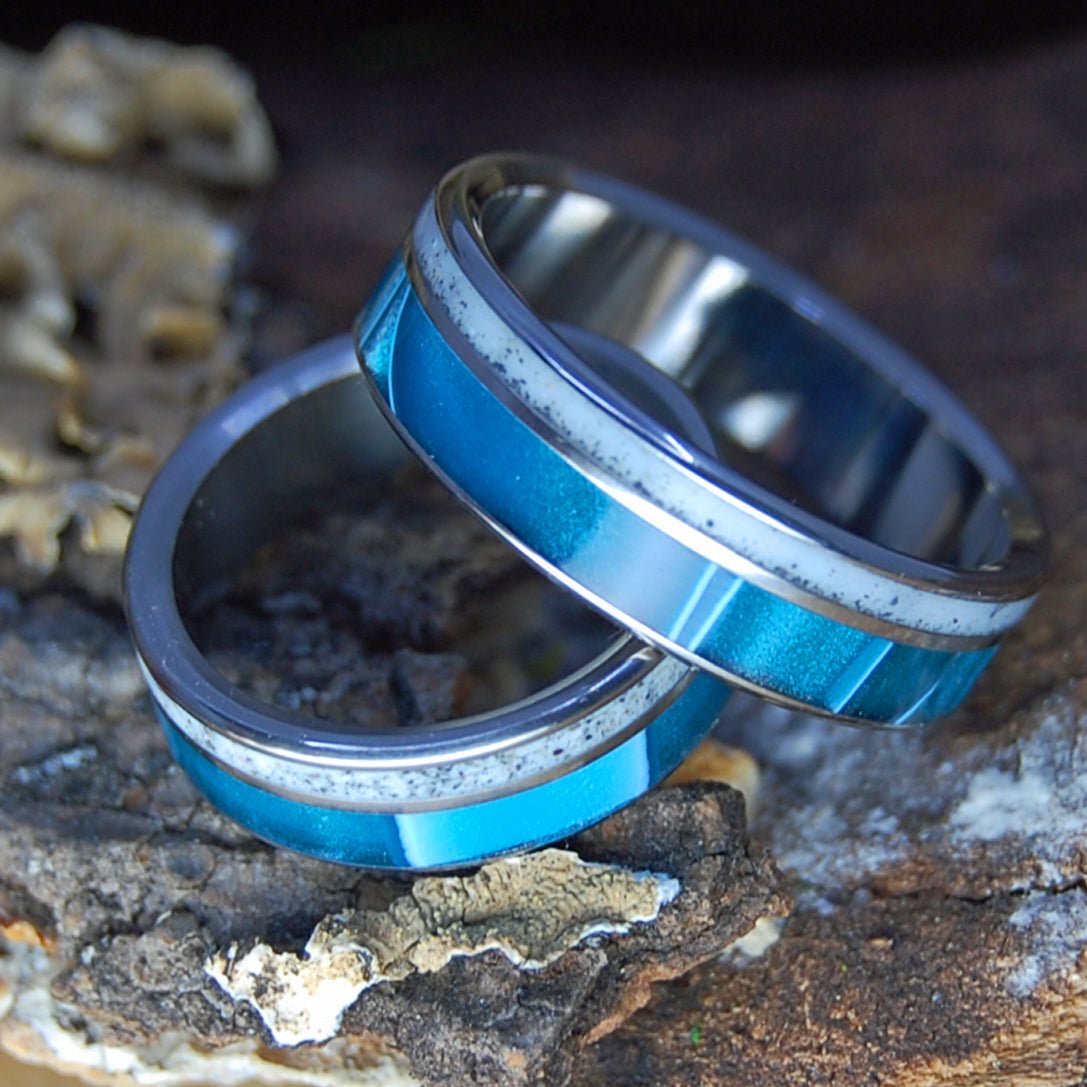 FANTASTIC NANTASKET SET | Aquatic Blue Resin & Nantasket MA Beach Sand - His & Hers Wedding Band Set - Beach Sand Wedding Rings - Minter and Richter Designs
