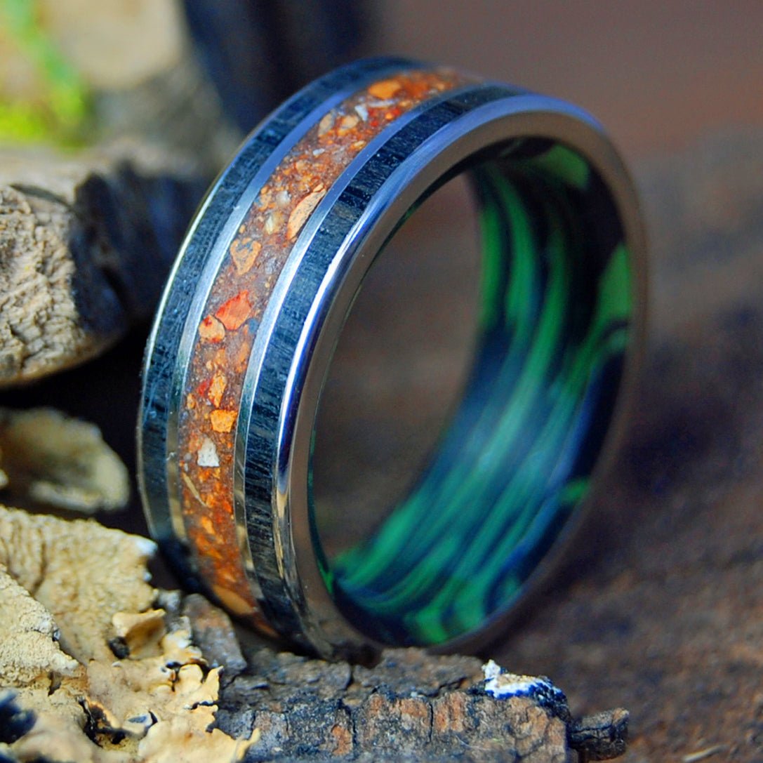 FENWAY TO FALMOUTH | Men's Baseball Dirt, Fenway Original Brick, Scottish Bog Oak, M3 & Titanium Wedding Ring - Minter and Richter Designs