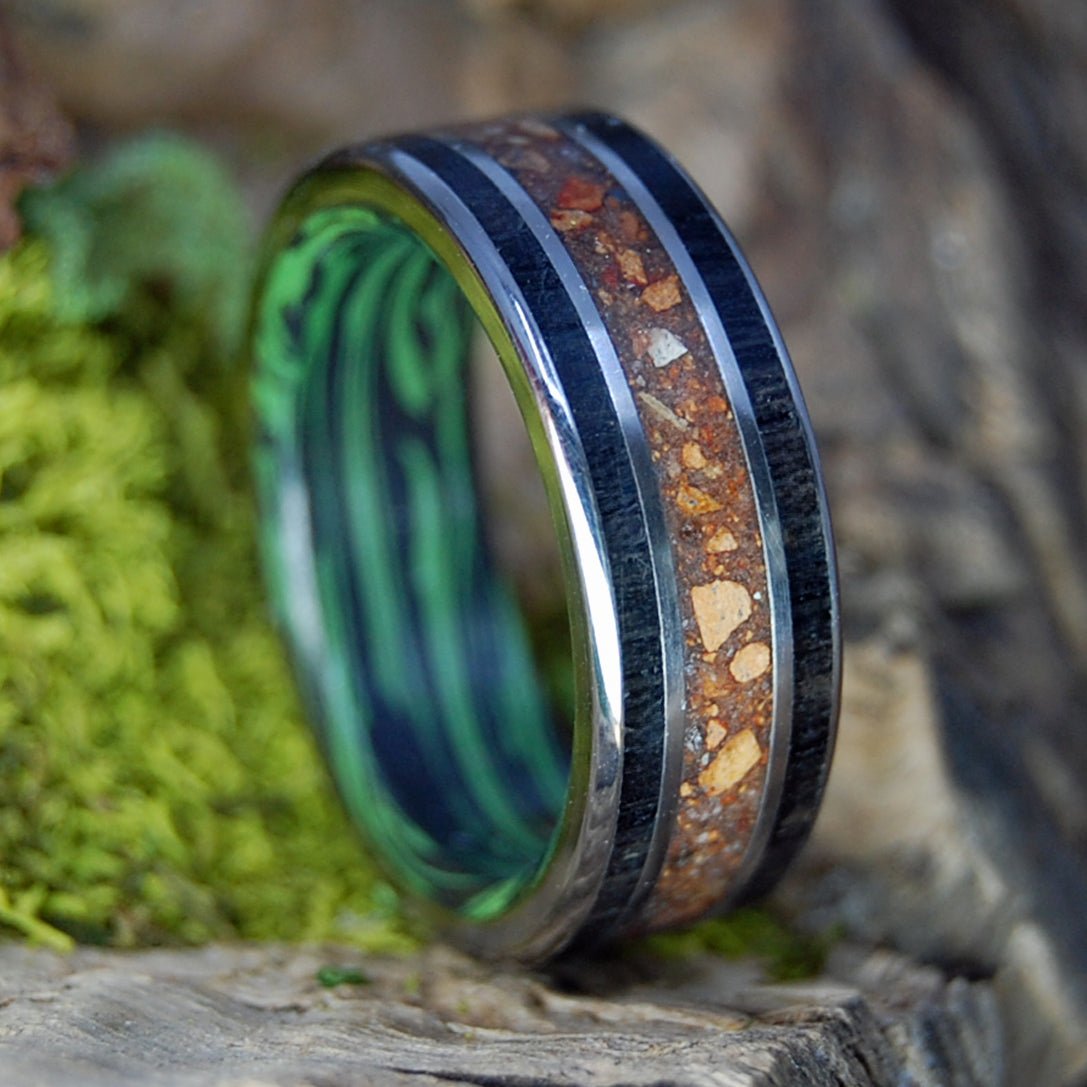 FENWAY TO FALMOUTH | Men's Baseball Dirt, Fenway Original Brick, Scottish Bog Oak, M3 & Titanium Wedding Ring - Minter and Richter Designs