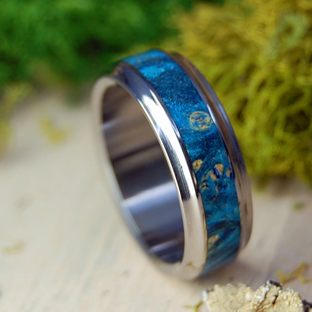 Flared Blue Box Elder | Men's Women's Blue Wood & Titanium Wedding Ring - Minter and Richter Designs
