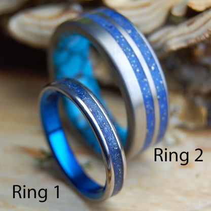 FLY YOUR SKIES SET | Crushed Cessna Plane Parts, Hawaiian Sand | Titanium Wedding Rings - His & Hers Wedding Band Set - Beach Sand Wedding Rings - Minter and Richter Designs