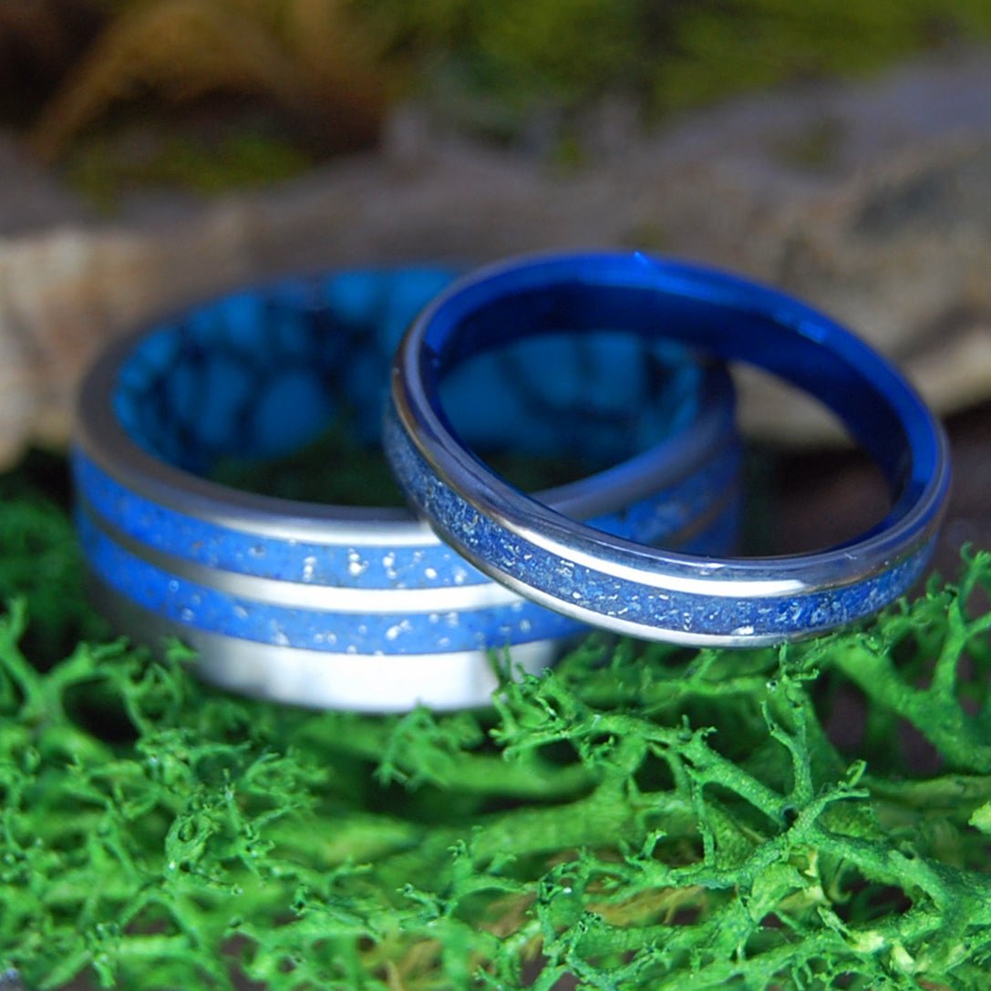 FLY YOUR SKIES SET | Crushed Cessna Plane Parts, Hawaiian Sand | Titanium Wedding Rings - His & Hers Wedding Band Set - Beach Sand Wedding Rings - Minter and Richter Designs