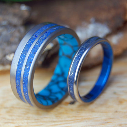 FLY YOUR SKIES SET | Crushed Cessna Plane Parts, Hawaiian Sand | Titanium Wedding Rings - His & Hers Wedding Band Set - Beach Sand Wedding Rings - Minter and Richter Designs