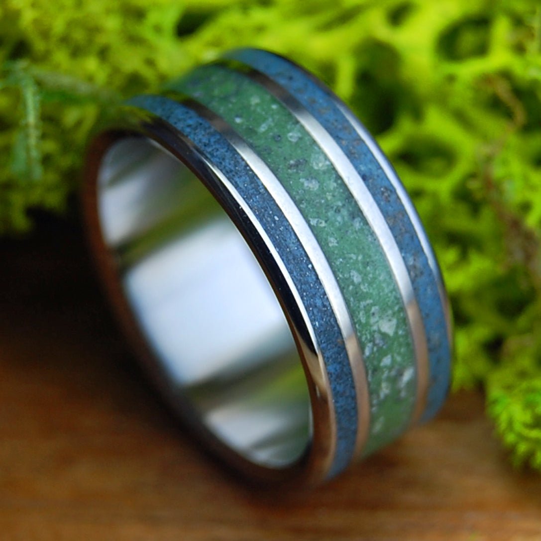 FOLLY RIVER RHINE CONNEMARA | Men's River Rhine Germany, Folly Beach SC Beach Sand, Connemara Marble & Titanium Wedding Ring - Minter and Richter Designs