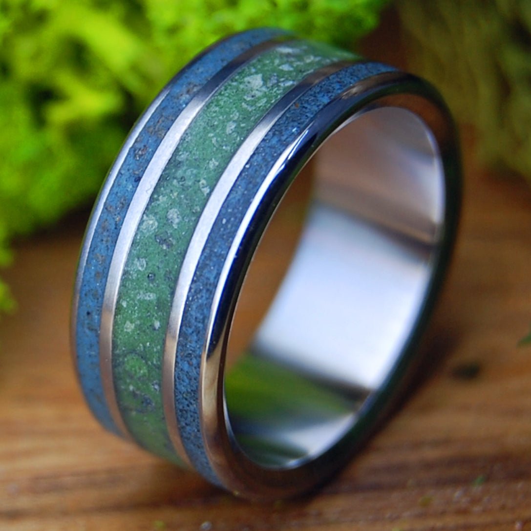 FOLLY RIVER RHINE CONNEMARA | Men's River Rhine Germany, Folly Beach SC Beach Sand, Connemara Marble & Titanium Wedding Ring - Minter and Richter Designs