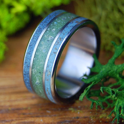 FOLLY RIVER RHINE CONNEMARA | Men's River Rhine Germany, Folly Beach SC Beach Sand, Connemara Marble & Titanium Wedding Ring - Minter and Richter Designs