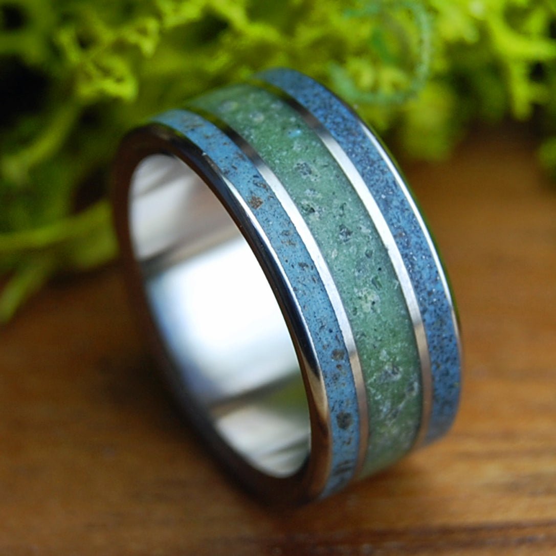 FOLLY RIVER RHINE CONNEMARA | Men's River Rhine Germany, Folly Beach SC Beach Sand, Connemara Marble & Titanium Wedding Ring - Minter and Richter Designs