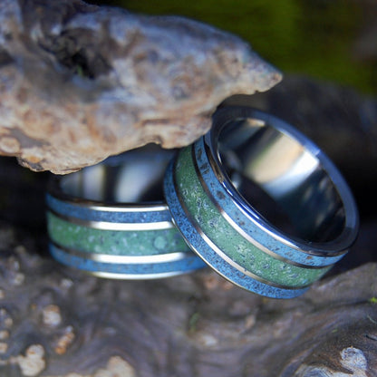 FOLLY RIVER RHINE CONNEMARA SET | His & Hers River Rhine Germany, Folly Beach SC Beach Sand, Connemara Marble & Titanium Wedding Rings - Minter and Richter Designs