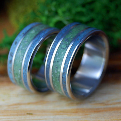 FOLLY RIVER RHINE CONNEMARA SET | His & Hers River Rhine Germany, Folly Beach SC Beach Sand, Connemara Marble & Titanium Wedding Rings - Minter and Richter Designs