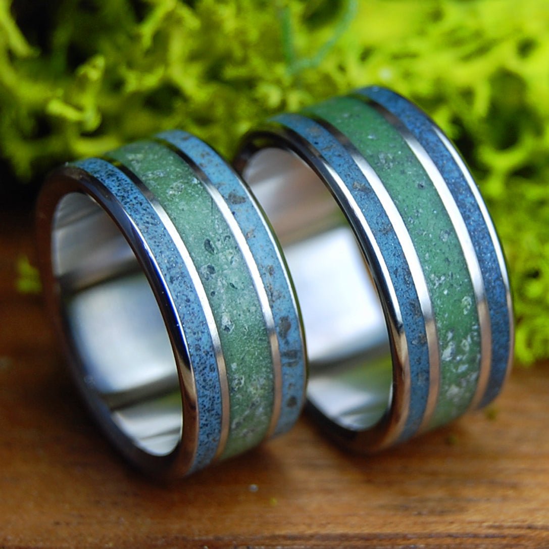 FOLLY RIVER RHINE CONNEMARA SET | His & Hers River Rhine Germany, Folly Beach SC Beach Sand, Connemara Marble & Titanium Wedding Rings - Minter and Richter Designs