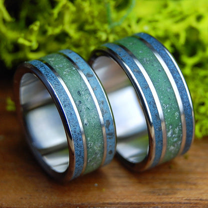 FOLLY RIVER RHINE CONNEMARA SET | His & Hers River Rhine Germany, Folly Beach SC Beach Sand, Connemara Marble & Titanium Wedding Rings - Minter and Richter Designs