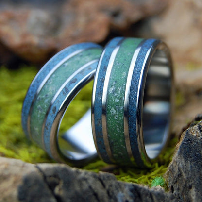 FOLLY RIVER RHINE CONNEMARA SET | His & Hers River Rhine Germany, Folly Beach SC Beach Sand, Connemara Marble & Titanium Wedding Rings - Minter and Richter Designs