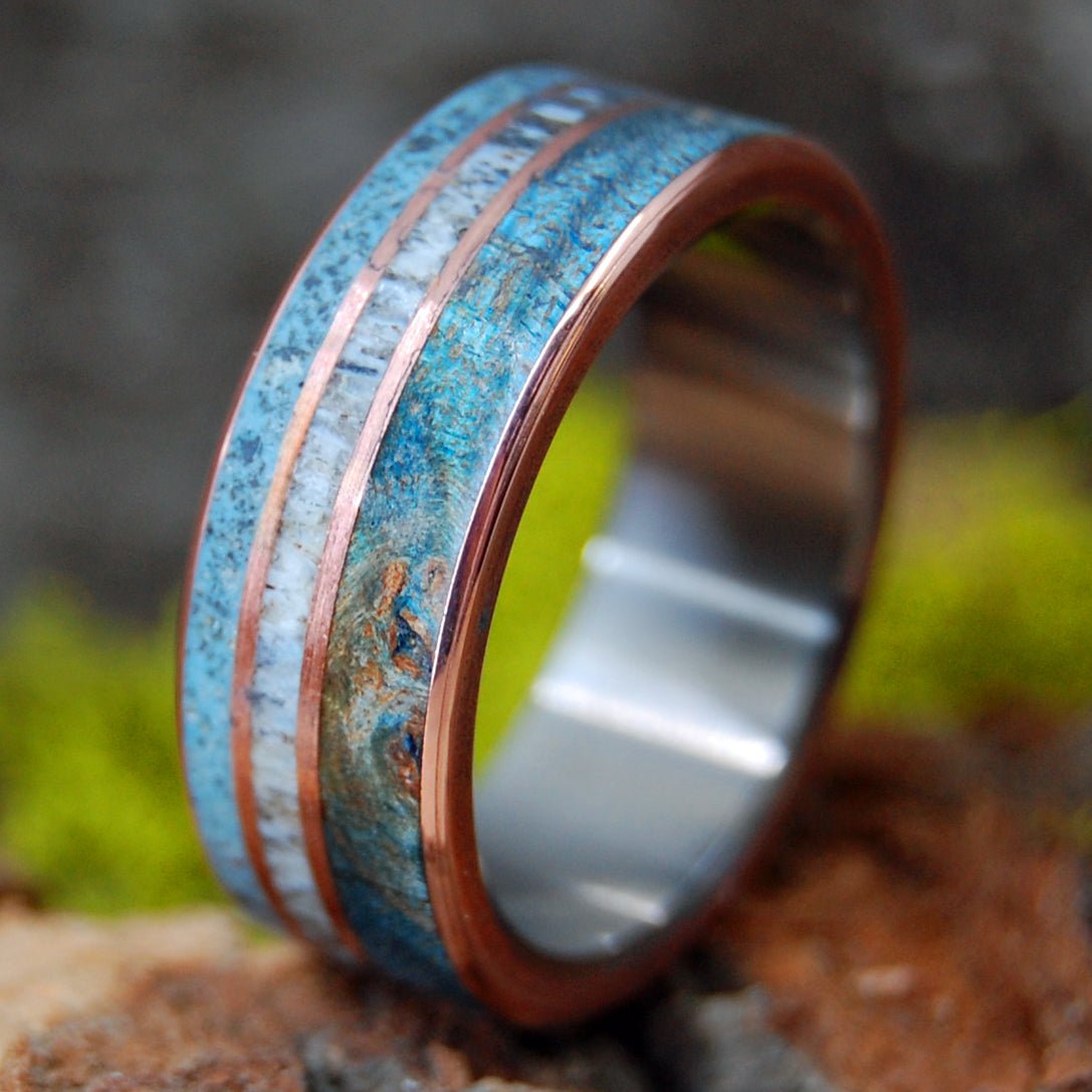 FOR GOD SO LOVED THE WORLD | Men's Blue Maple Wood, Beach Sand, Copper & Titanium Wedding Ring - Minter and Richter Designs