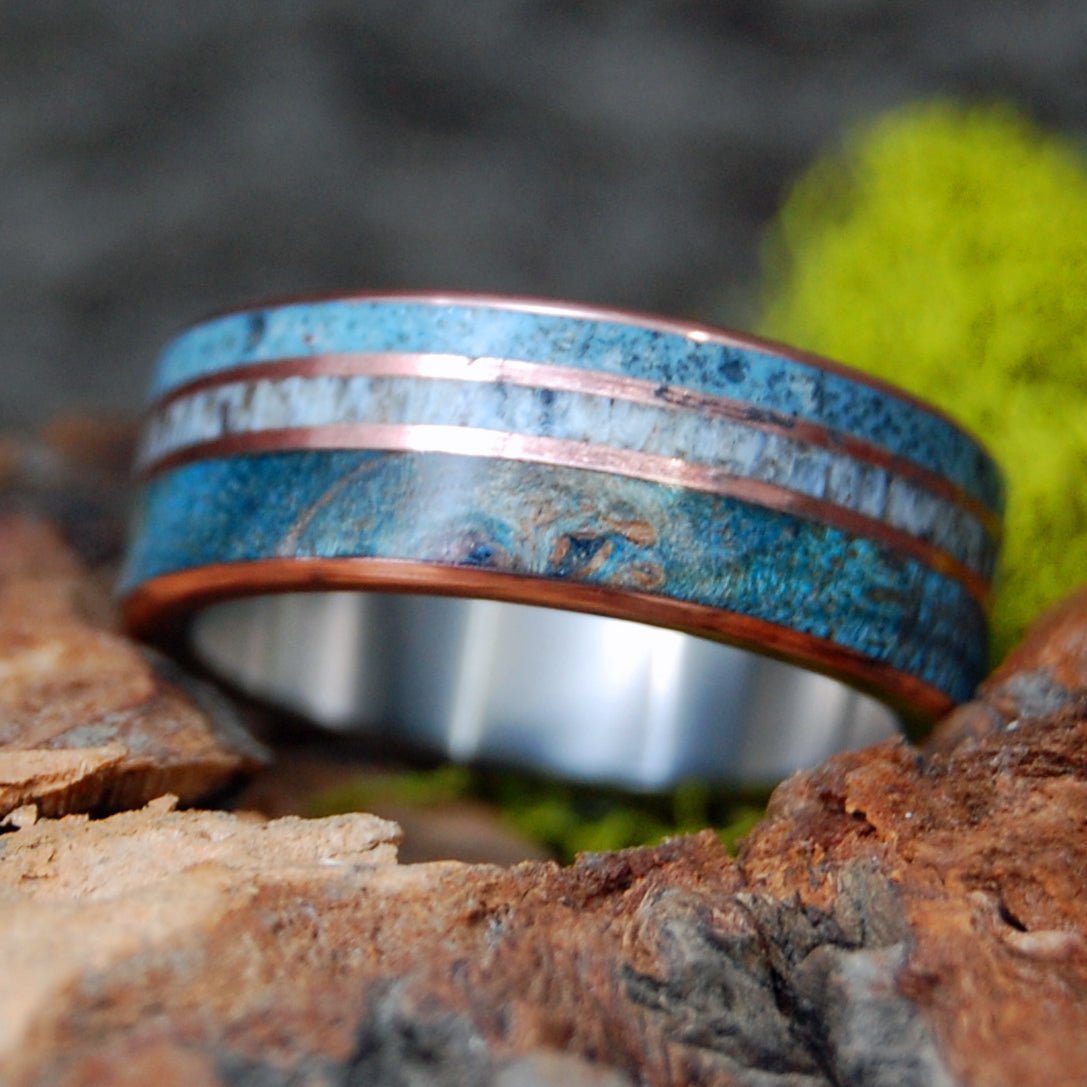 FOR GOD SO LOVED THE WORLD | Men's Blue Maple Wood, Beach Sand, Copper & Titanium Wedding Ring - Minter and Richter Designs
