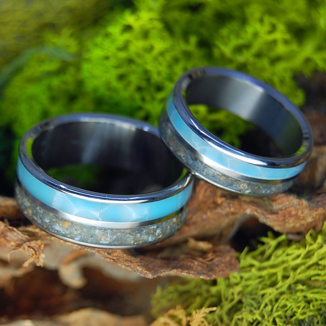 FORT STUART FL & LARIMAR | Beach Sand, Larimar Stone - Titanium Wedding Rings - Minter and Richter Designs