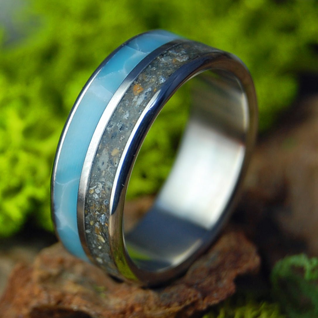FORT STUART FL & LARIMAR | Men's Beach Sand, Larimar Stone & Titanium Wedding Ring - Minter and Richter Designs