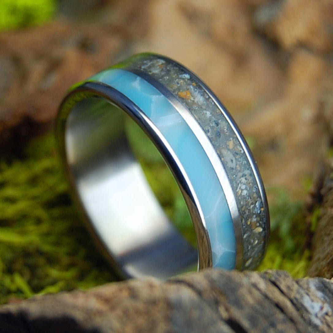 FORT STUART FL & LARIMAR | Men's Beach Sand, Larimar Stone & Titanium Wedding Ring - Minter and Richter Designs