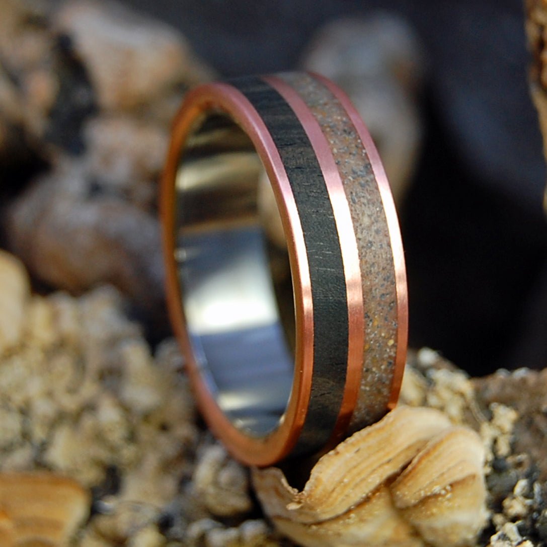 Founded 1614 Plum Island, MA | Men's African Ebony Wood, Plum Island Beach Sand, Titanium & Copper Wedding Ring - Minter and Richter Designs