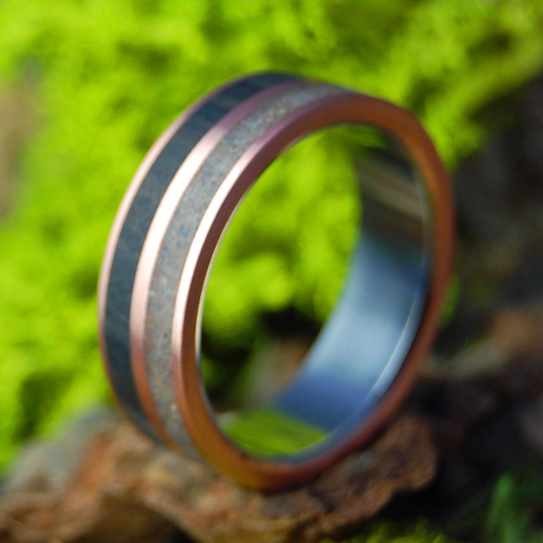 Founded 1614 Plum Island, MA | Men's African Ebony Wood, Plum Island Beach Sand, Titanium & Copper Wedding Ring - Minter and Richter Designs