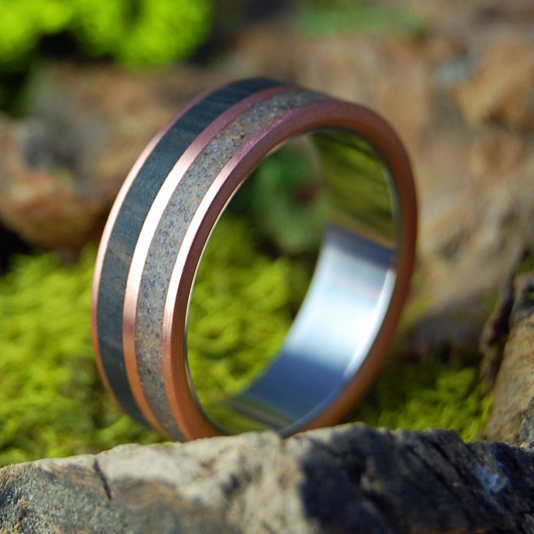 Founded 1614 Plum Island, MA | Men's African Ebony Wood, Plum Island Beach Sand, Titanium & Copper Wedding Ring - Minter and Richter Designs