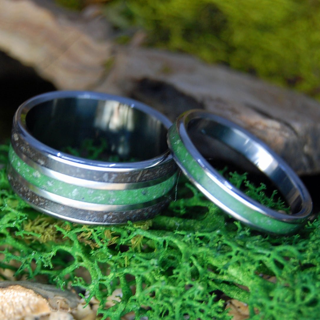 FROM GERMANY TO IRELAND WIDE PLUS CONNEMARA SET | Rare Connemara Marble & River Rhine Rocks - Wedding Rings - Minter and Richter Designs