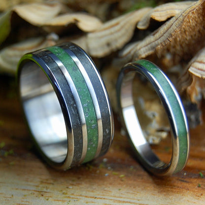 FROM GERMANY TO IRELAND WIDE PLUS CONNEMARA SET | Rare Connemara Marble & River Rhine Rocks - Wedding Rings - Minter and Richter Designs