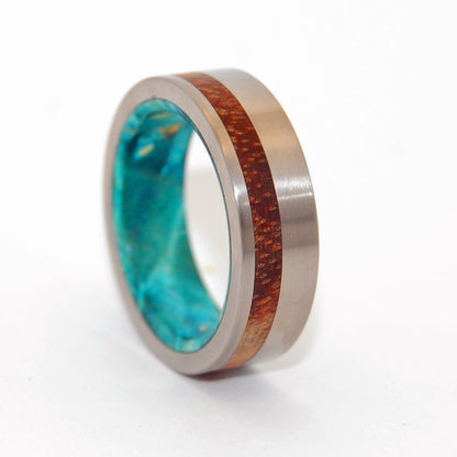 Further Than Stars | Men's Hawaiian Koa Wood, Turquoise Box Elder & Titanium Wedding Ring - Minter and Richter Designs