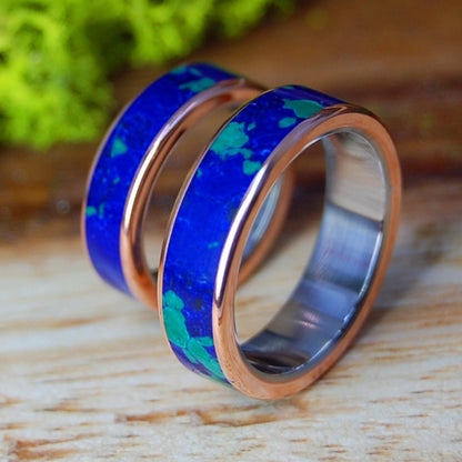 GALAXY OF THEIR HEARTS | His and Hers Azurite Malachite & Copper Wedding Rings - Minter and Richter Designs