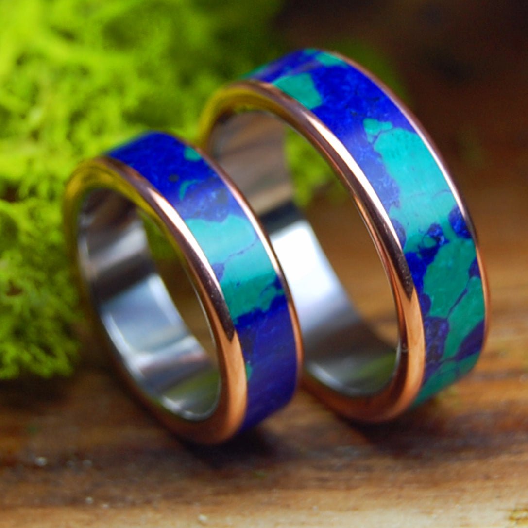 GALAXY OF THEIR HEARTS | His and Hers Azurite Malachite & Copper Wedding Rings - Minter and Richter Designs