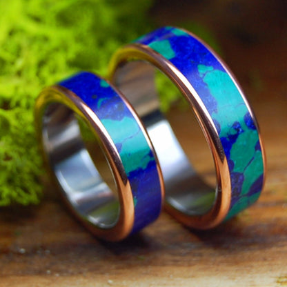 GALAXY OF THEIR HEARTS | His and Hers Azurite Malachite & Copper Wedding Rings - Minter and Richter Designs