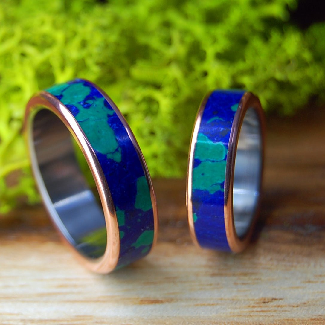 GALAXY OF THEIR HEARTS | His and Hers Azurite Malachite & Copper Wedding Rings - Minter and Richter Designs