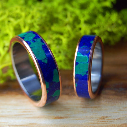 GALAXY OF THEIR HEARTS | His and Hers Azurite Malachite & Copper Wedding Rings - Minter and Richter Designs