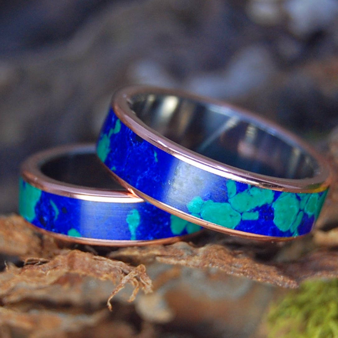 GALAXY OF THEIR HEARTS | His and Hers Azurite Malachite & Copper Wedding Rings - Minter and Richter Designs
