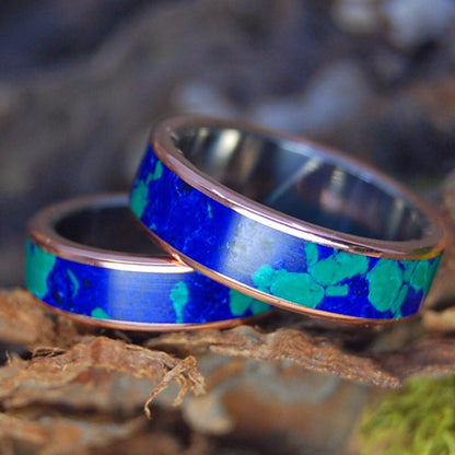 GALAXY OF THEIR HEARTS | His and Hers Azurite Malachite & Copper Wedding Rings - Minter and Richter Designs