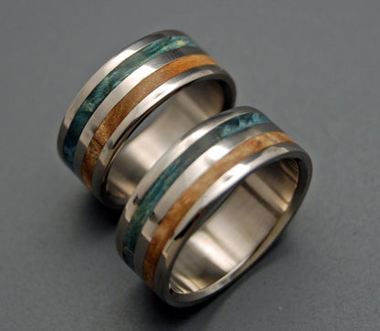 Giving Tree | Blue Maple Burl Wood & Spalted Maple Titanium Wedding Ring Set - Minter and Richter Designs
